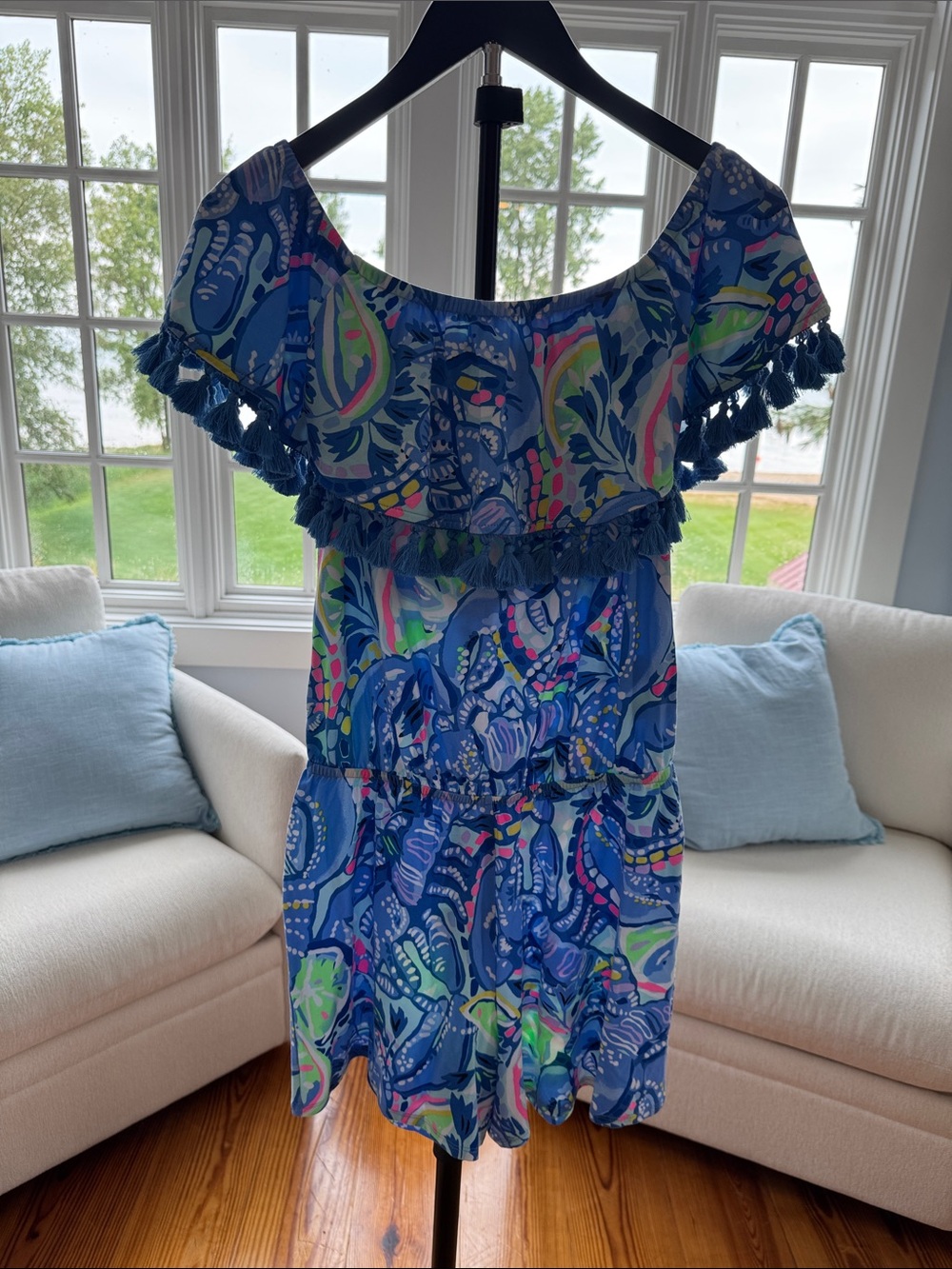 Lilly Pulitzer Blue Paisley Tassel-Trim Off-Shoulder Shorts Romper